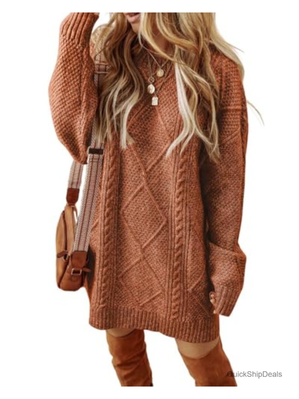 CHICME Cable Knit Round Neck Long Sleeve Pullover Sweater Casual Top